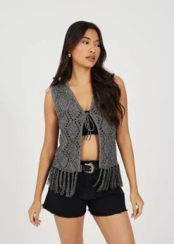 Brave Soul Black Metallic Tie Front Waistcoat