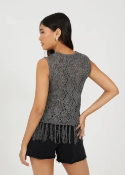 Brave Soul Black Metallic Tie Front Waistcoat