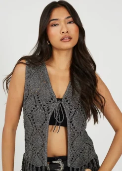 Brave Soul Black Metallic Tie Front Waistcoat