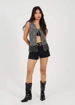 Brave Soul Black Metallic Tie Front Waistcoat