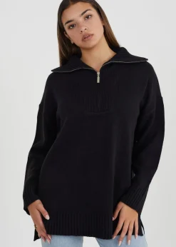 Brave Soul Black Oversized Zip Collar Knitted Jumper