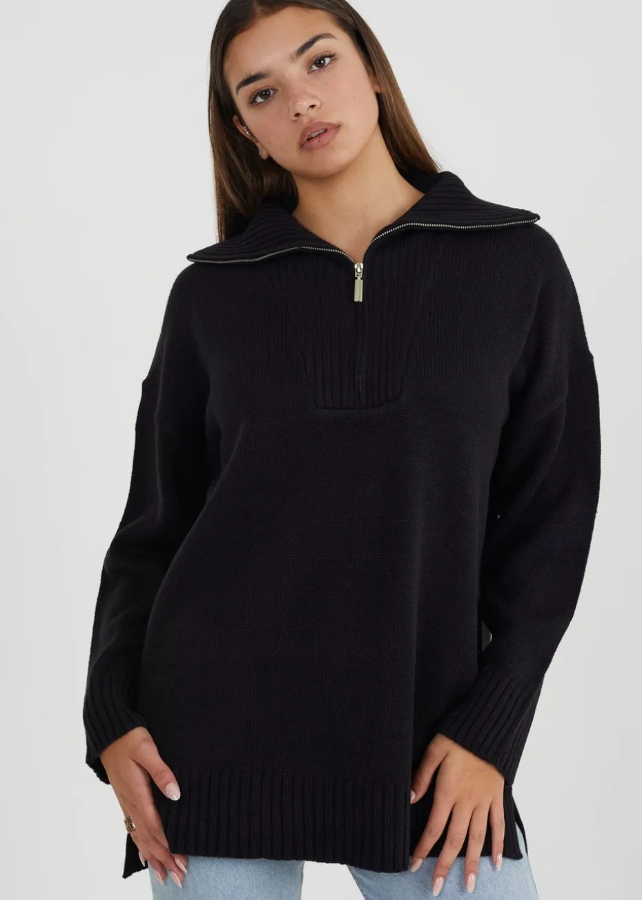 Brave Soul Black Oversized Zip Collar Knitted Jumper