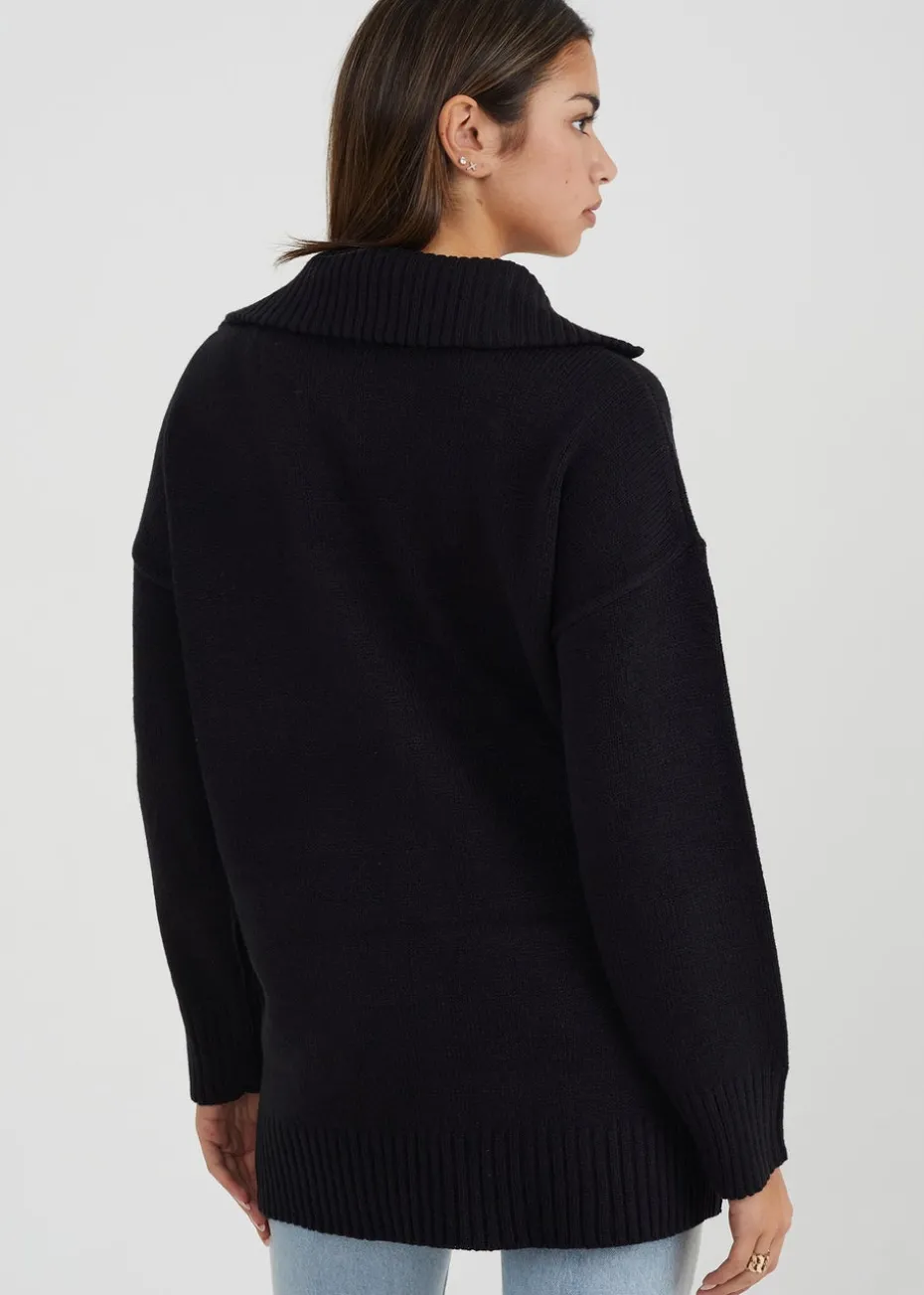 Brave Soul Black Oversized Zip Collar Knitted Jumper