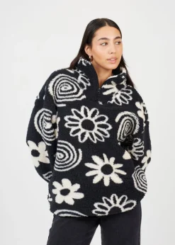 Brave Soul Black Quarter Zip Flower Print Sherpa Fleece