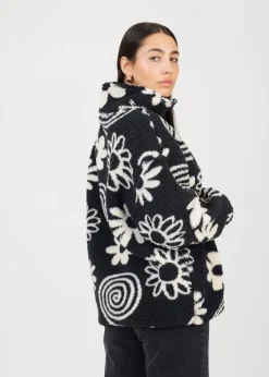 Brave Soul Black Quarter Zip Flower Print Sherpa Fleece