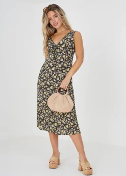 Brave Soul Black Sleeveless V-Neck Floral Midi Dress