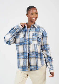 Brave Soul Blue Check Print Long Sleeve Fleece Shirt
