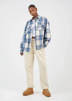 Brave Soul Blue Check Print Long Sleeve Fleece Shirt