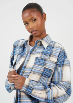 Brave Soul Blue Check Print Long Sleeve Fleece Shirt