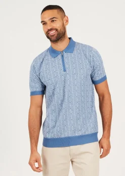 Brave Soul Blue Short Sleeve Jaquard Knitted Polo Shirt