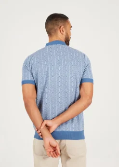 Brave Soul Blue Short Sleeve Jaquard Knitted Polo Shirt