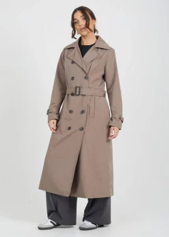 Brave Soul Brown Double-Breasted Longline Trench Coat