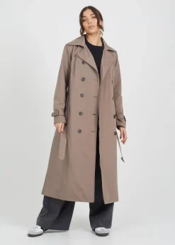 Brave Soul Brown Double-Breasted Longline Trench Coat