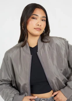 Brave Soul Charcoal Ruched Sleeve Oversized Bomber Jacket