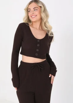 Brave Soul Chocolate Cropped Long Sleeve & Wide Leg Lounge Set