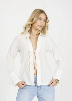 Brave Soul Cream Long Sleeve Tie Front Blouse