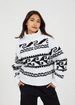 Brave Soul Cream Quarter Zip Printed  Sherpa Fleece