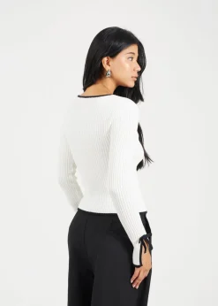 Brave Soul Cream Ribbed Knitted Cardigan with Bow Fastening