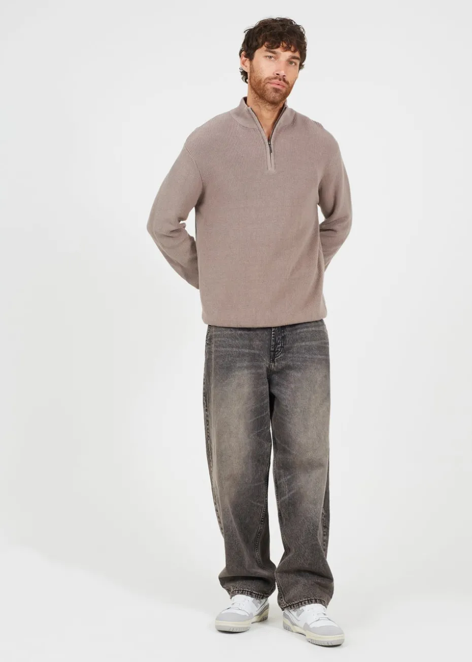 Brave Soul Grey Cotton Zip Through Funnel Neck Knit Jumper