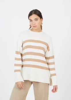 Brave Soul Ivory Striped Loose Fit Jumper with Wide Sleeves