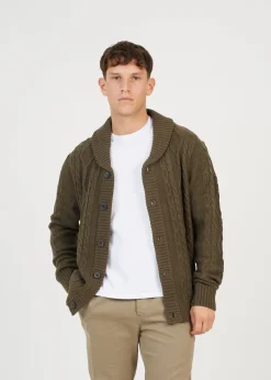 Brave Soul Khaki Shawl Neck Cable Knit Cardigan