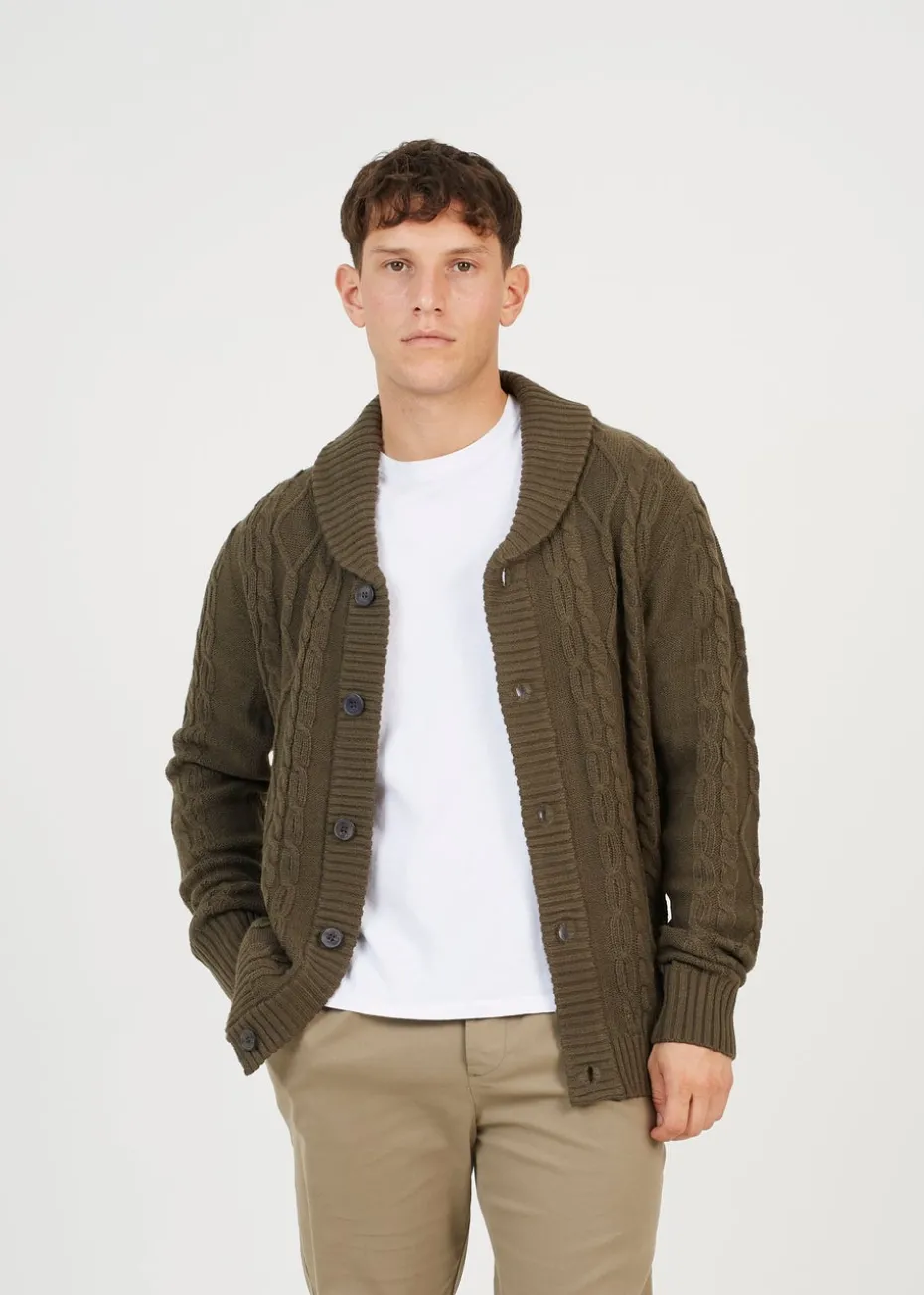Brave Soul Khaki Shawl Neck Cable Knit Cardigan