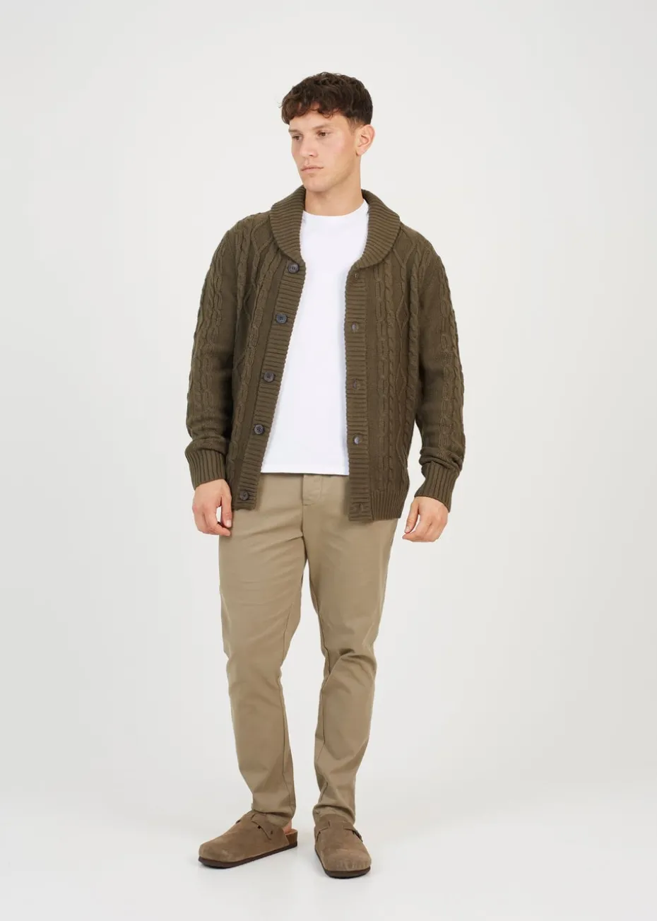 Brave Soul Khaki Shawl Neck Cable Knit Cardigan