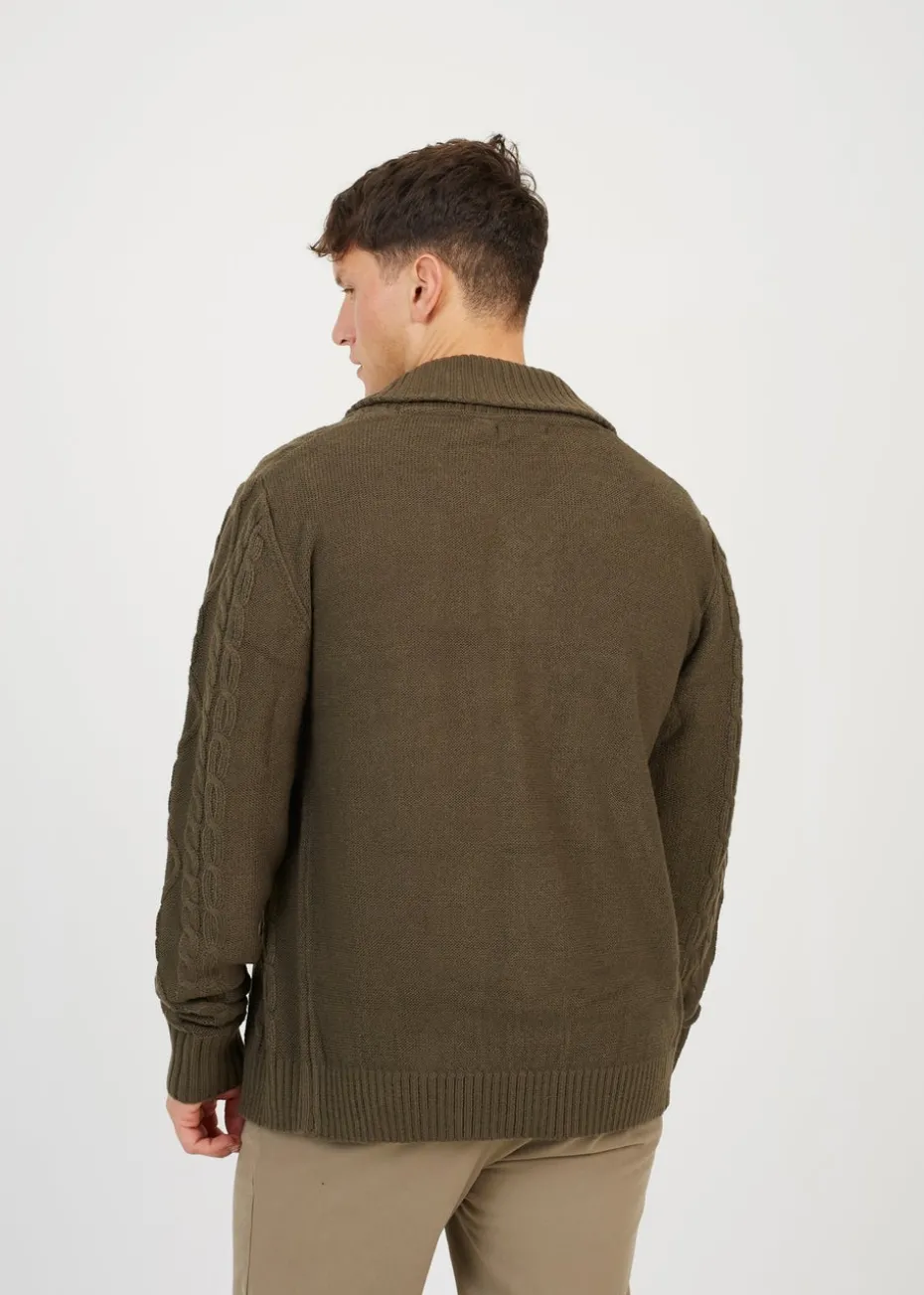 Brave Soul Khaki Shawl Neck Cable Knit Cardigan