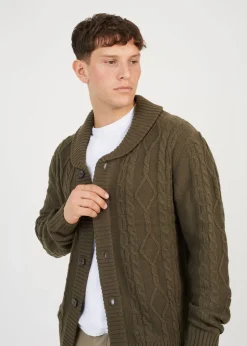Brave Soul Khaki Shawl Neck Cable Knit Cardigan