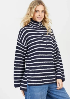 Brave Soul Navy Half Zip Striped Fisherman Knit Jumper