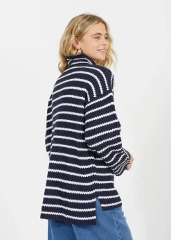 Brave Soul Navy Half Zip Striped Fisherman Knit Jumper