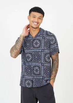 Brave Soul Navy Revere Collar Print Shirt