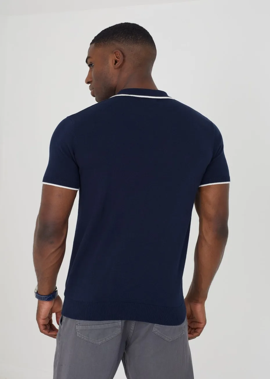 Brave Soul Navy Short Sleeve Knitted Polo Shirt