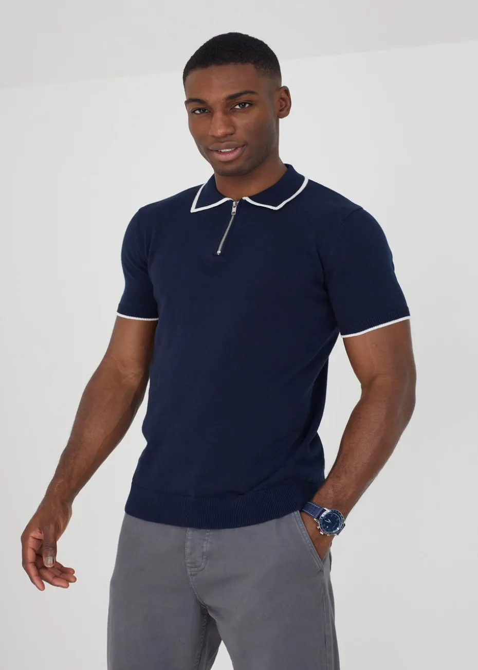 Brave Soul Navy Short Sleeve Knitted Polo Shirt