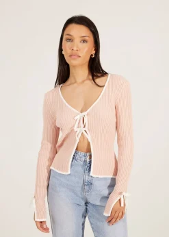 Brave Soul Pale Pink Ribbed Knitted Cardigan with Bow Fastening