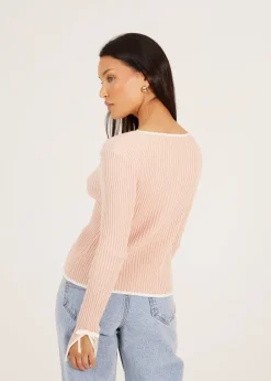 Brave Soul Pale Pink Ribbed Knitted Cardigan with Bow Fastening
