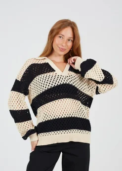 Brave Soul Stone Lightweight Stripe Open Knit Jumper