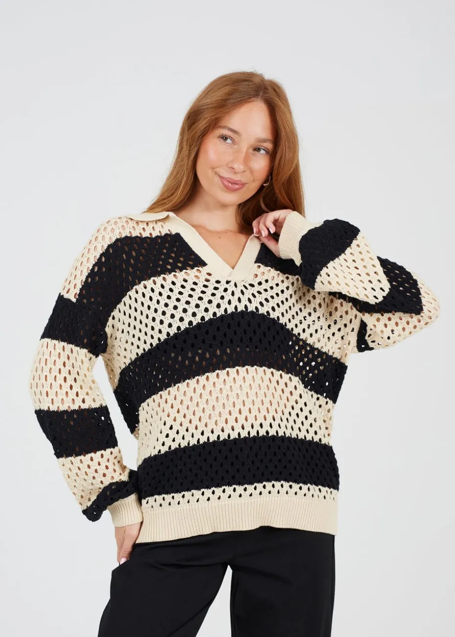 Brave Soul Stone Lightweight Stripe Open Knit Jumper