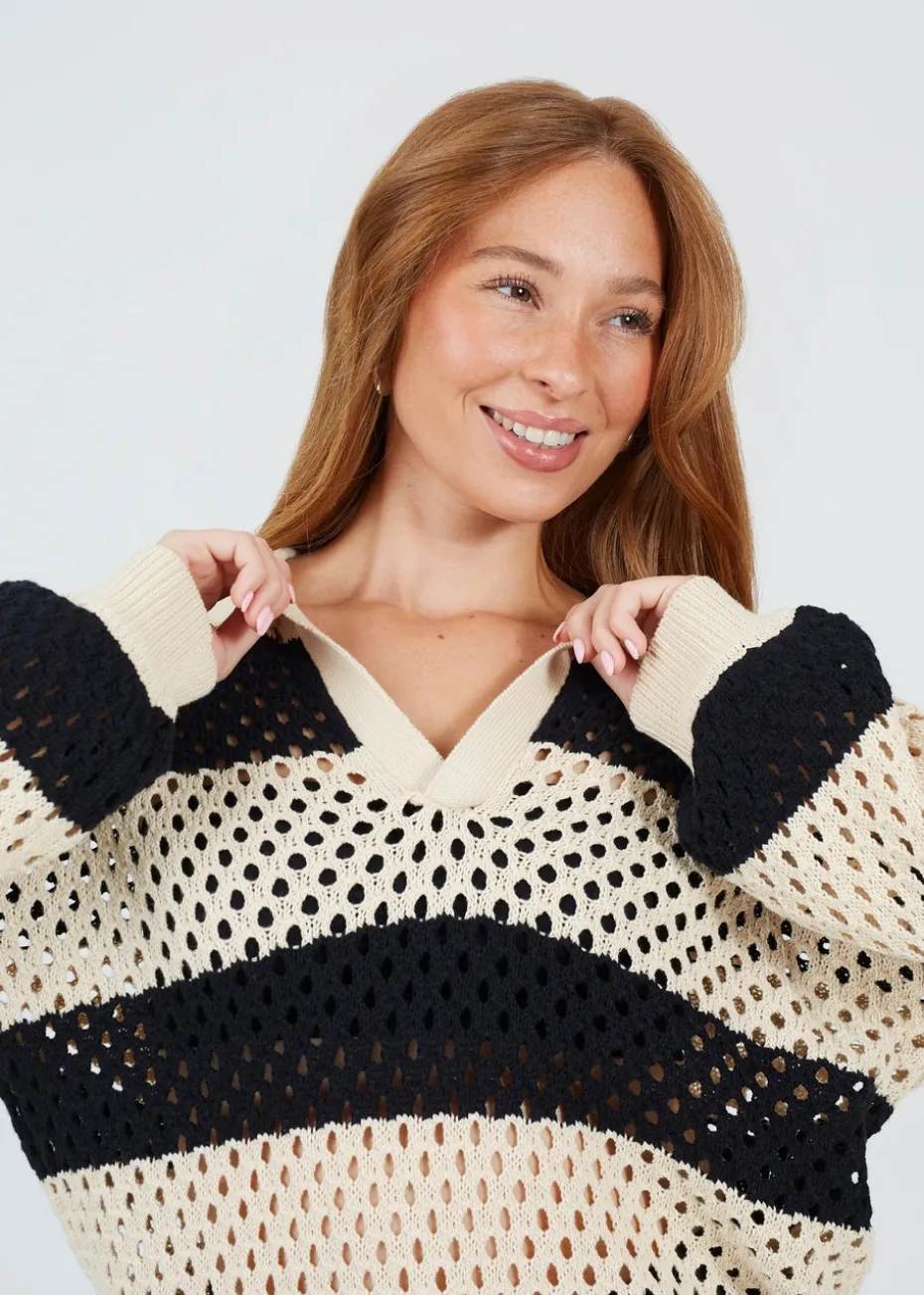 Brave Soul Stone Lightweight Stripe Open Knit Jumper