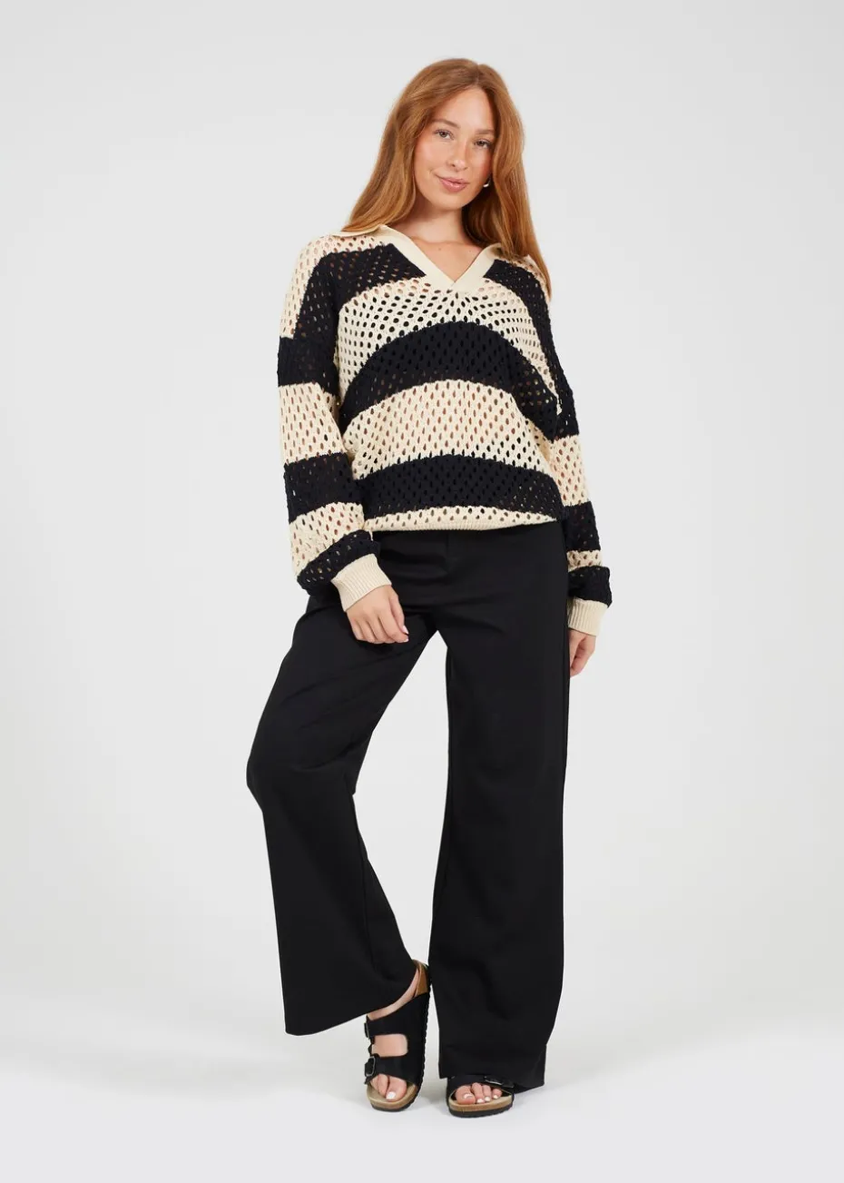 Brave Soul Stone Lightweight Stripe Open Knit Jumper