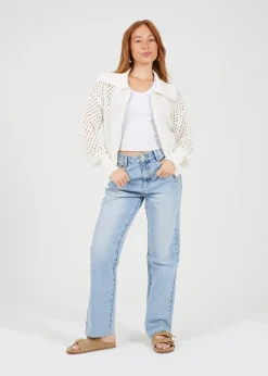 Brave Soul White Crochet Knit Zip Through Cardigan