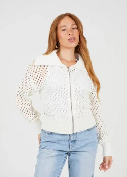 Brave Soul White Crochet Knit Zip Through Cardigan