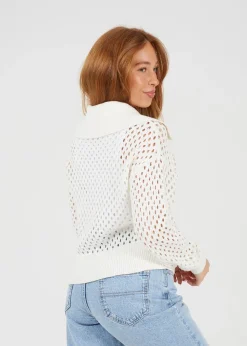 Brave Soul White Crochet Knit Zip Through Cardigan