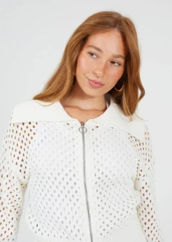 Brave Soul White Crochet Knit Zip Through Cardigan