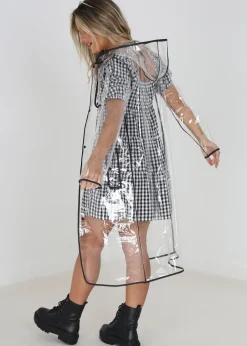 Brave Soul White Hooded Longline Clear Rain Mac With Contrasting Binding