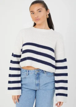 Brave Soul White Randel Striped Cropped Knitted Jumper