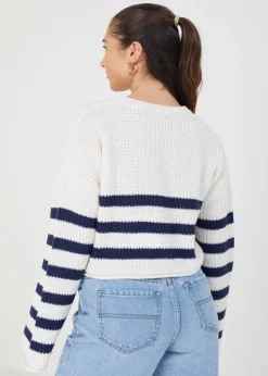 Brave Soul White Randel Striped Cropped Knitted Jumper