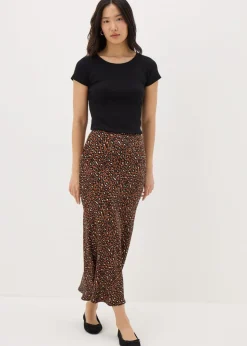 Brown Animal Print Satin Midaxi Slip Skirt