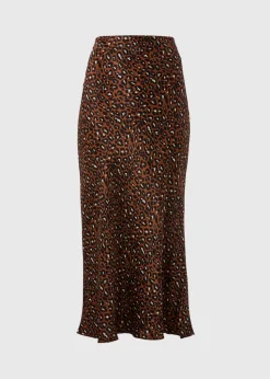Brown Animal Print Satin Midaxi Slip Skirt