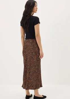 Brown Animal Print Satin Midaxi Slip Skirt